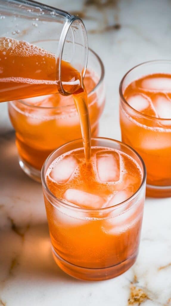 bright orange Fanta being poured into glasses of ice, bubbles rising and fizz forming at the top