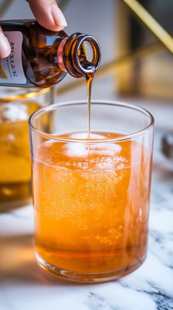 vanilla extract being added from a small glass plate into fizzy orange soda, creating subtle ripples