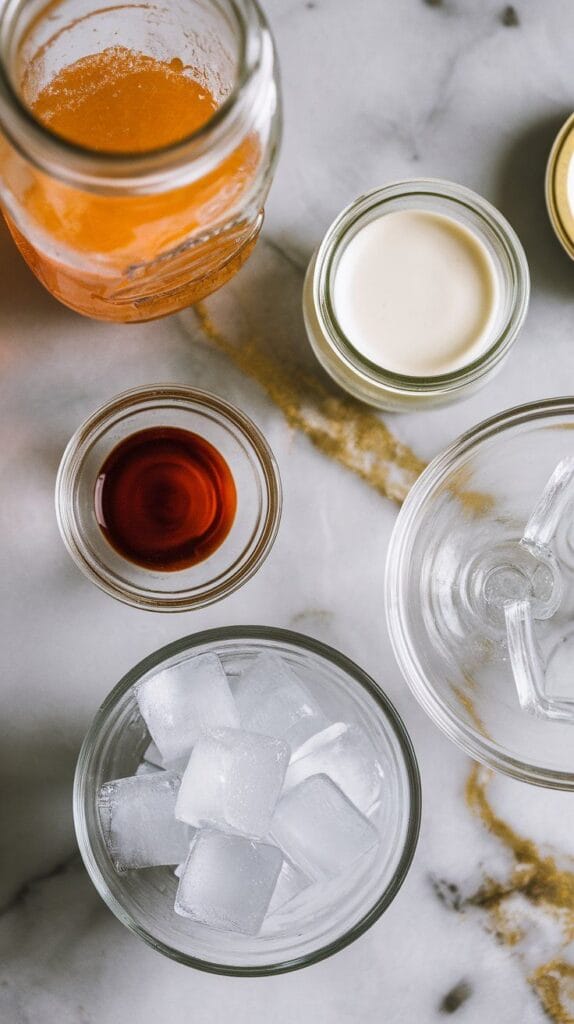 all ingredients for orange cream punch dirty soda: cold Fanta Orange in a clear glass jar with condensation, vanilla extract in a small round glass plate, heavy cream in a small clear jar, sweetened condensed milk in a shallow glass plate, and clear ice cubes spilling from a glass bowl