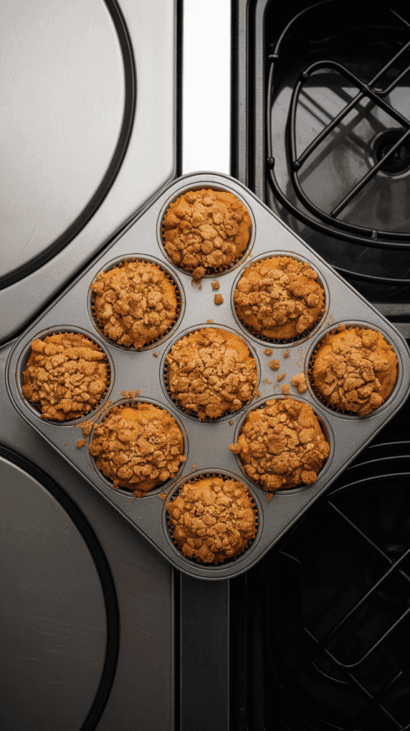 golden pumpkin apple crumble muffins fresh out of the oven in a muffin tin, crumble topping crisp and browned
