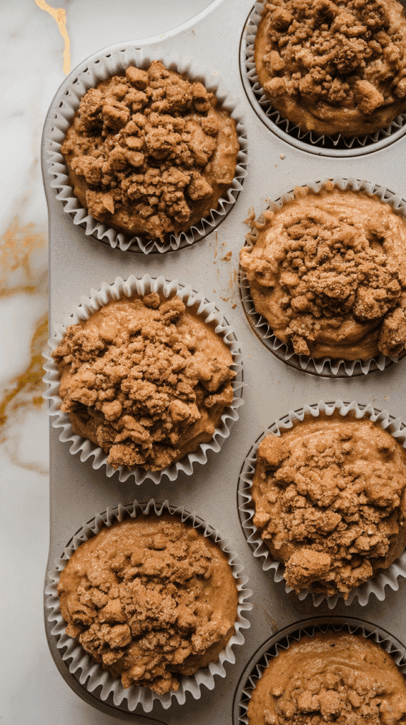 muffin batter in paper liners topped with generous cinnamon crumble, ready for baking, on a white marble counter with hints of gold
