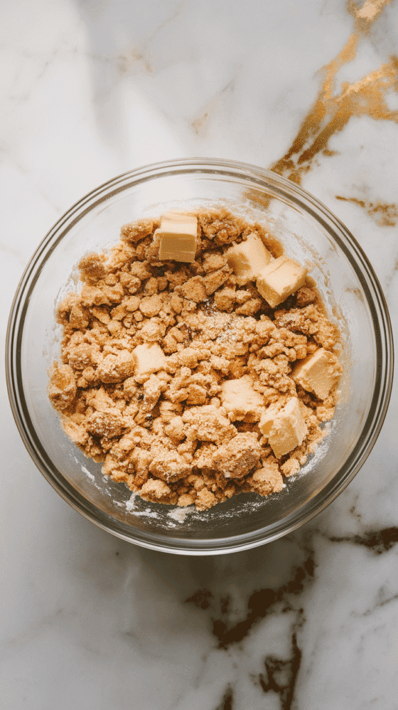 crumble topping mixture with visible cold butter chunks coated in sugar and flour, crumbly texture, in a glass bowl