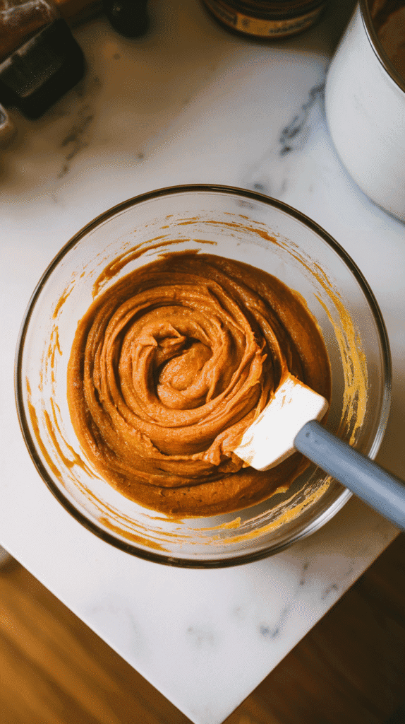  pumpkin muffin batter being gently folded together with a spatula, streaks of flour still visible, in a glass bowl