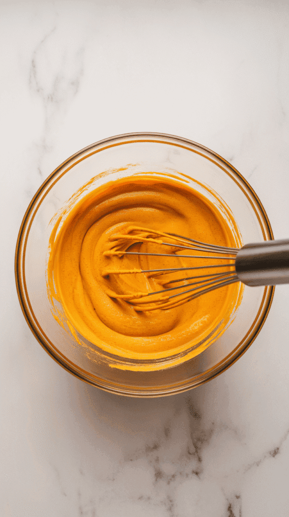 f pumpkin puree, eggs, oil, sugars, and vanilla being whisked into a smooth orange mixture in a glass bowl