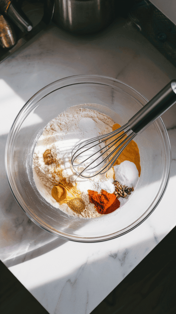 lour, baking soda, baking powder, salt, and spices being whisked together in a large glass mixing bowl, on a white marble counter with hints of gold