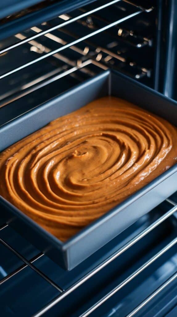  baking pan filled with pumpkin banana bread batter spread evenly, on a modern stainless steel double oven rack