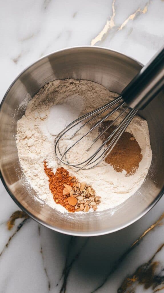 a mixing bowl with all-purpose flour, baking soda, baking powder, cinnamon, nutmeg, and salt being whisked together