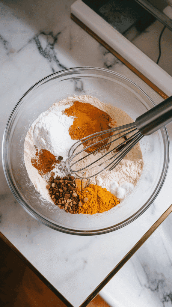 flour, sugars, baking soda, baking powder, salt, and spices being whisked together in a large glass bowl,