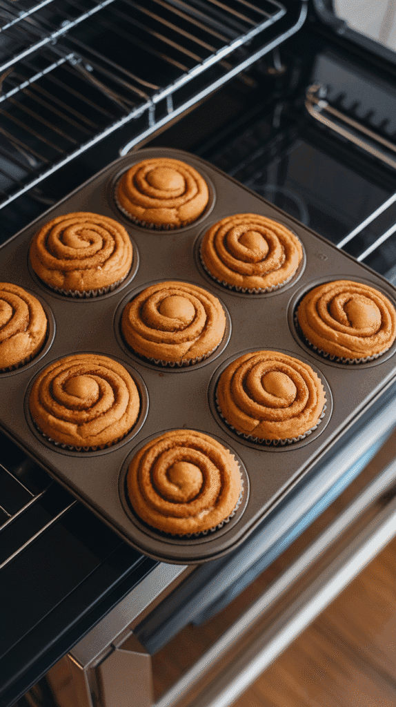 golden pumpkin cinnamon roll muffins fresh from the oven in a muffin tin, cinnamon swirls visible on the surface