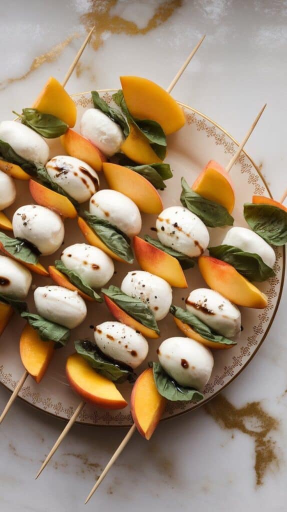 finished peach caprese skewers arranged on a white serving plate, drizzled with olive oil and balsamic glaze, and topped with flaky salt and cracked pepper