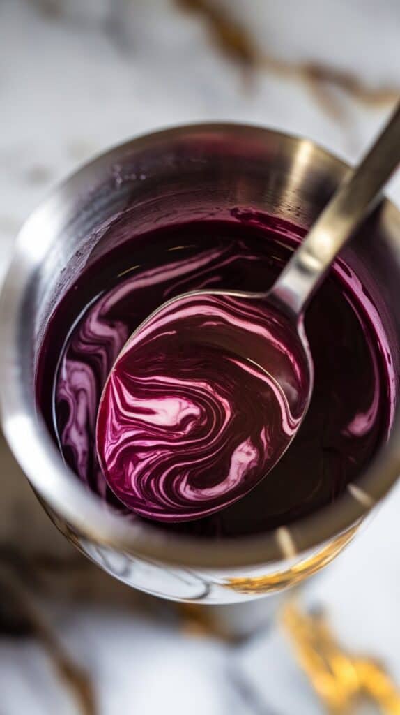 a spoon stirring the blackberry, lemon, and mezcal mixture, creating smooth, deep purple swirls