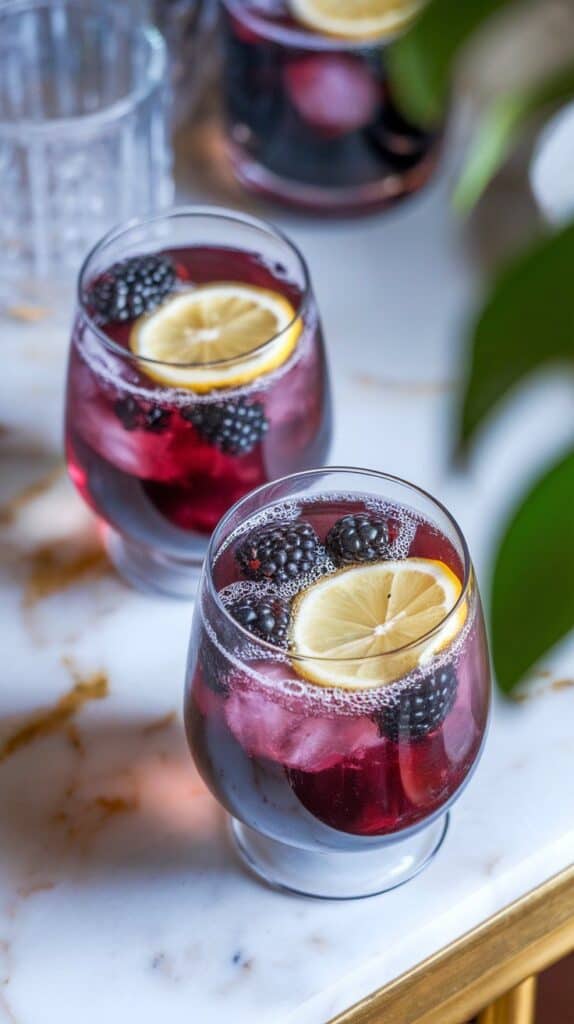 two glasses of smoked blackberry punch, deep purple color topped with blackberries and lemon slices, fizzy bubbles rising