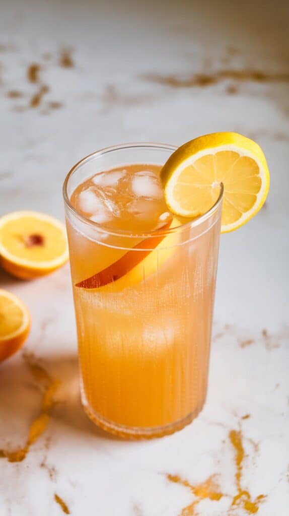 a finished sparkling peach lemonade in a tall clear glass with lemon slice and peach wedge on the rim, filled with golden bubbly lemonade and ice