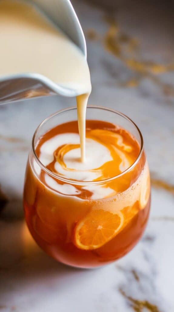 vanilla extract being drizzled into a fizzy drink over ice, tiny ripples forming where the vanilla lands