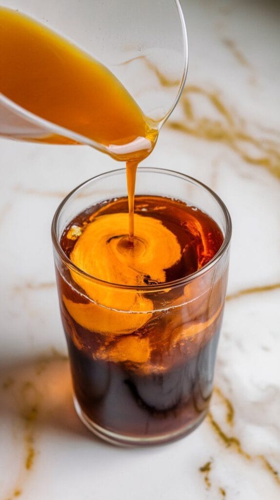 bright orange syrup being poured into a glass of Coke over ice, orange swirl forming near the base of the drink