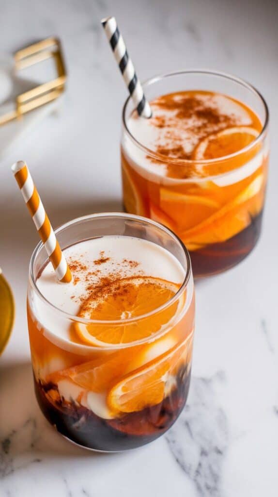 two glasses of spiced citrus dirty soda fully assembled with visible layers of orange syrup, Coke, cinnamon, and half & half, each with a striped straw