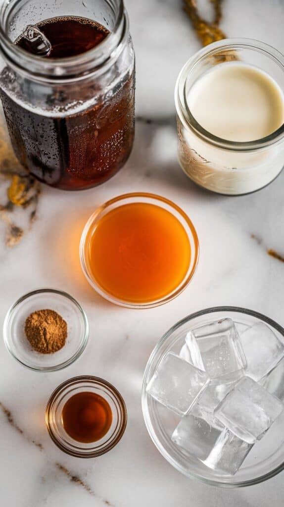  all ingredients for spiced citrus dirty soda: cold Coke in a clear glass jar with condensation, bright orange syrup in a small glass dish, ground cinnamon in a tiny shallow plate, vanilla extract in a tiny round dish, and half & half in a small clear jar