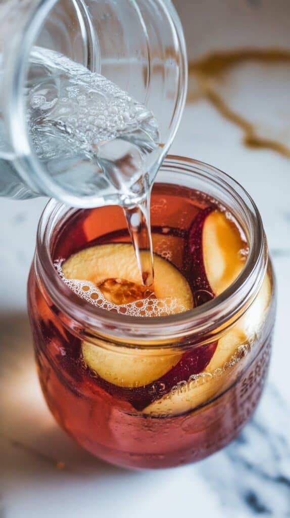 chilled sparkling water being poured from a glass jar into the plum and gin mixture, bubbles forming at the top