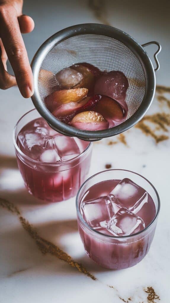 pale purple plum-gin mixture being strained into two clear glasses filled with clear ice cubes, leaving fruit pulp behind