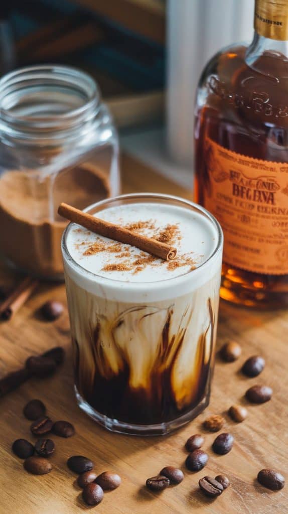 A finished glass of brown sugar bourbon cold brew garnished with a sprinkle of brown sugar and a cinnamon stick. The glass sits on a wooden table with a jar of brown sugar, a bottle of bourbon, and scattered coffee beans.