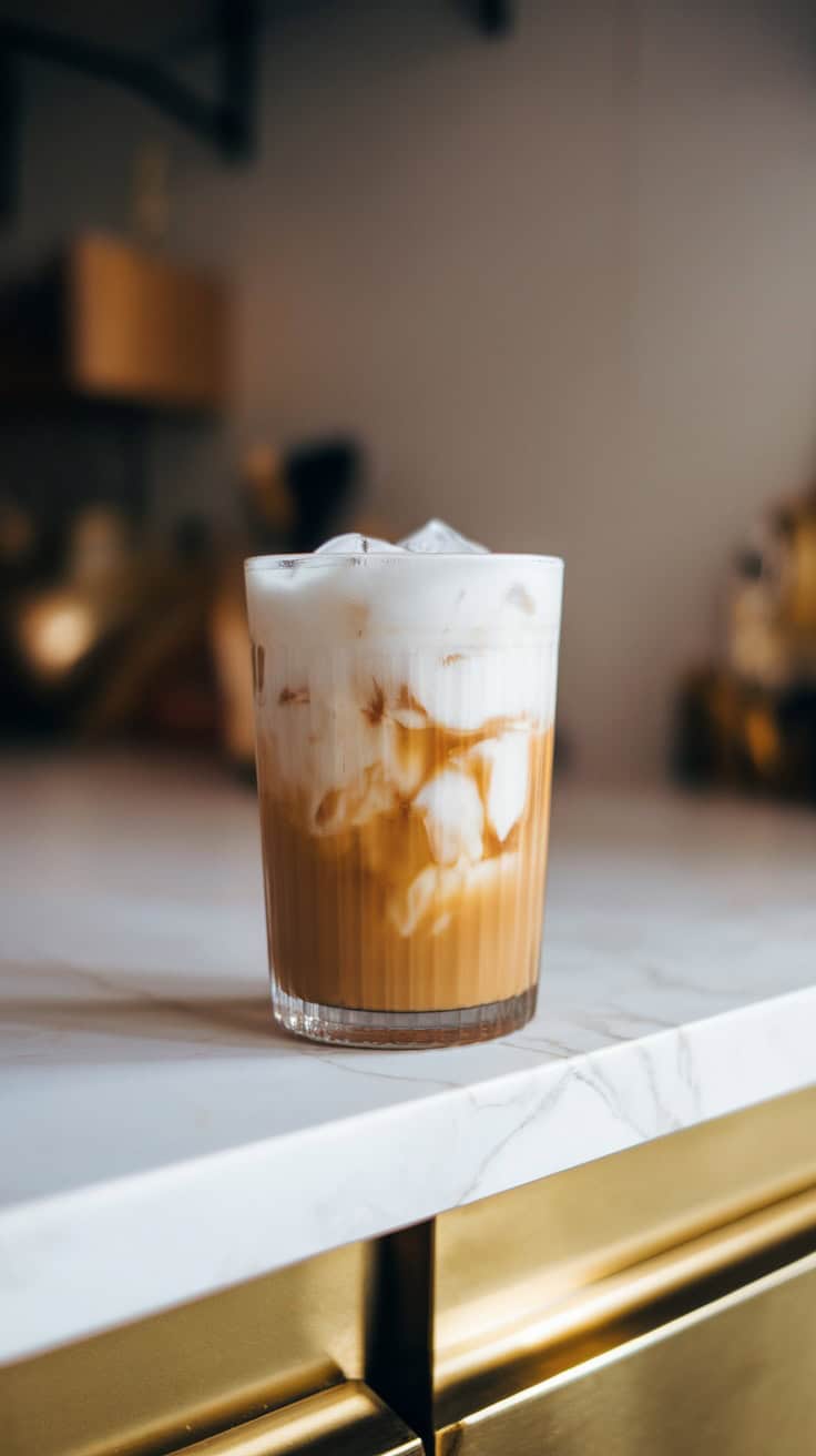 A glass of Coconut Vanilla Cold Brew on a marble countertop.