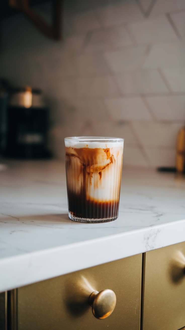 A glass of brown sugar cinnamon cold brew coffee on a marble countertop.