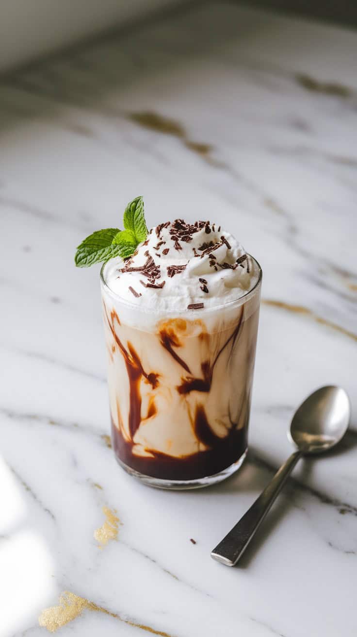 A glass of Mint Chocolate Cold Brew topped with whipped cream, chocolate shavings, and a sprig of mint on a marble countertop.