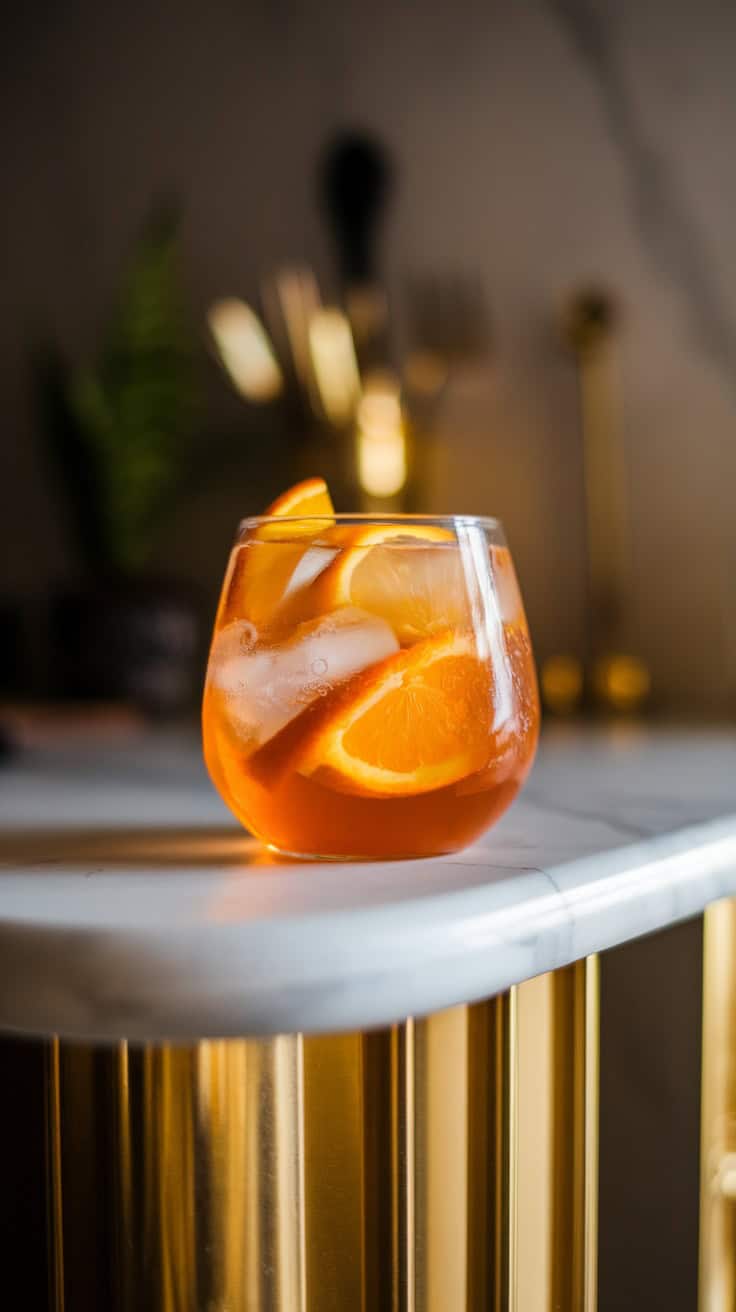 A glass of Cold Brew Orange Tonic with orange slices on a marble table.