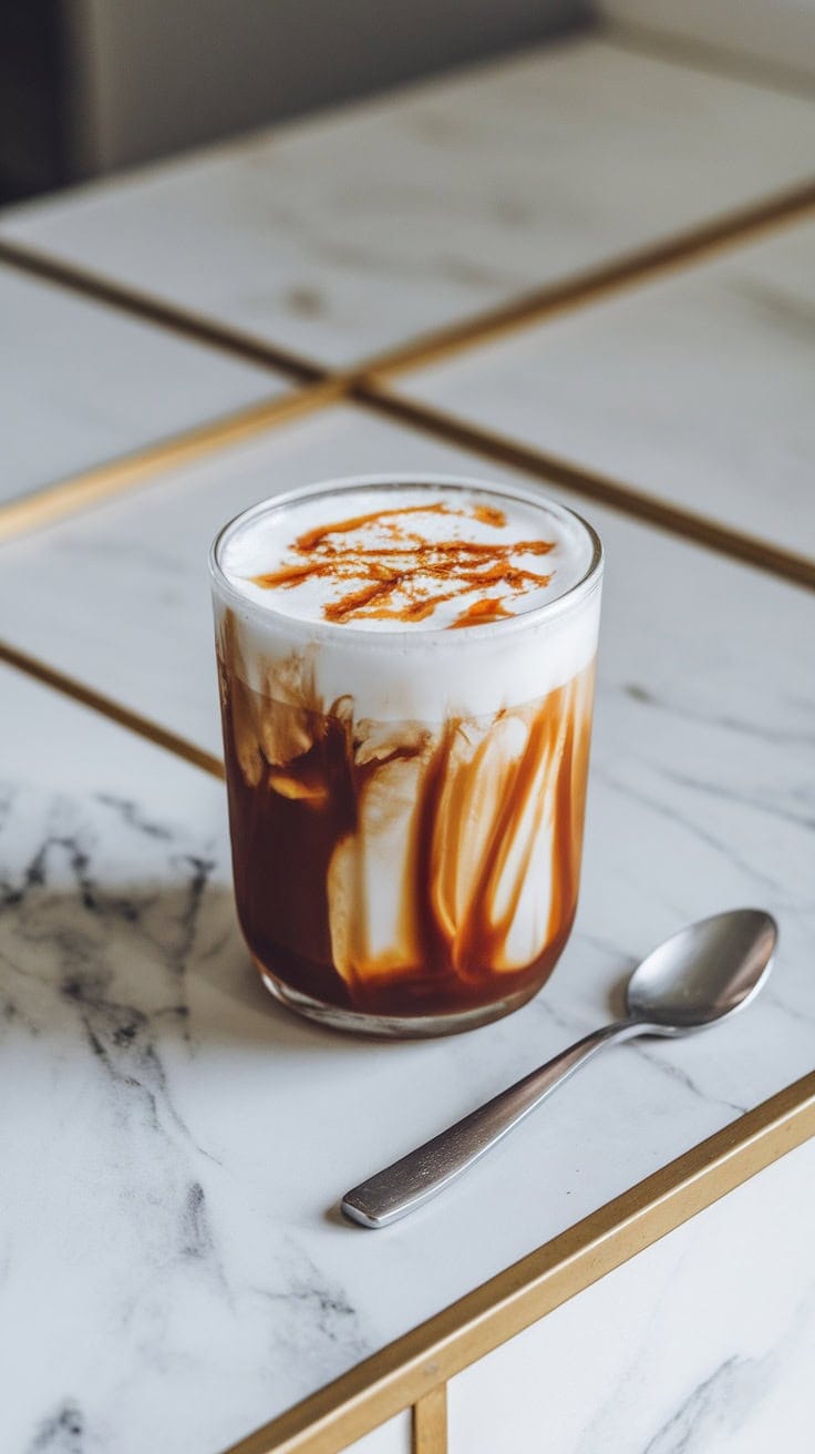 A glass of salted caramel cold foam cold brew on a marble table.