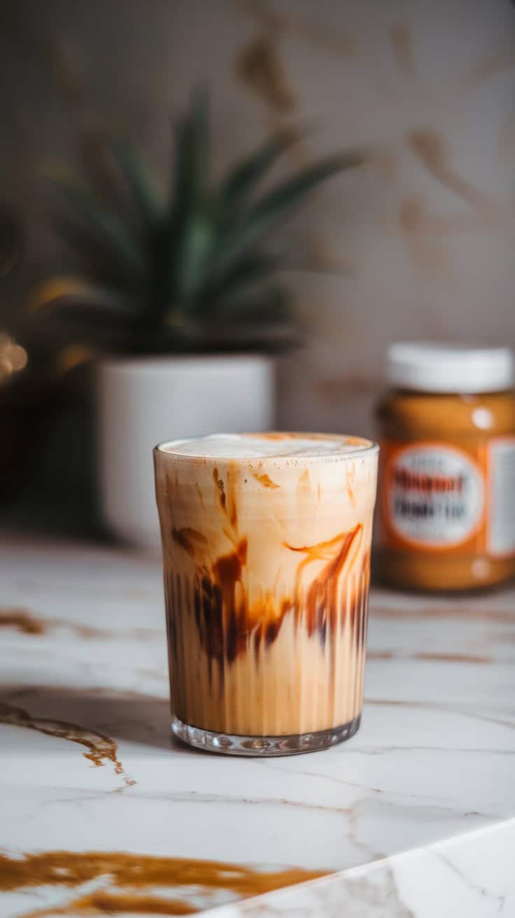 A glass of Peanut Butter Cream Cold Brew on a marble surface with a jar of peanut butter in the background.
