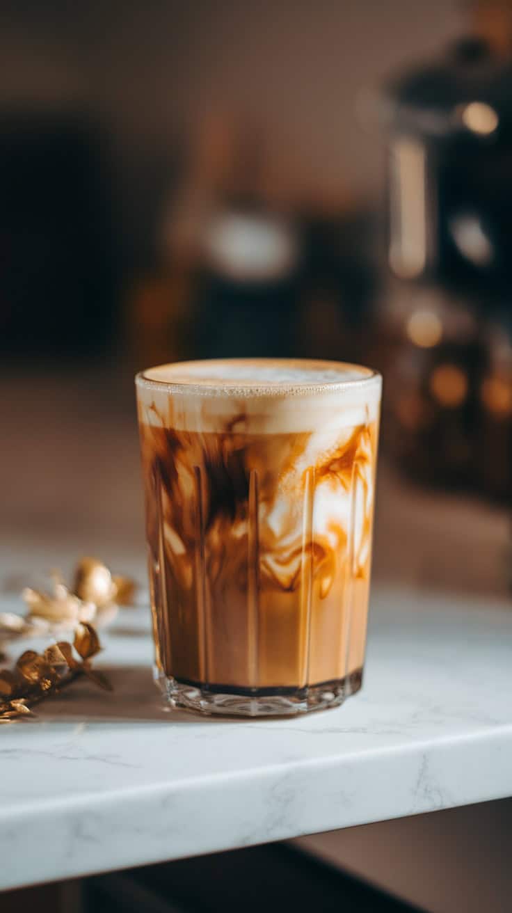A glass of maple brown butter cold brew coffee with creamy swirls