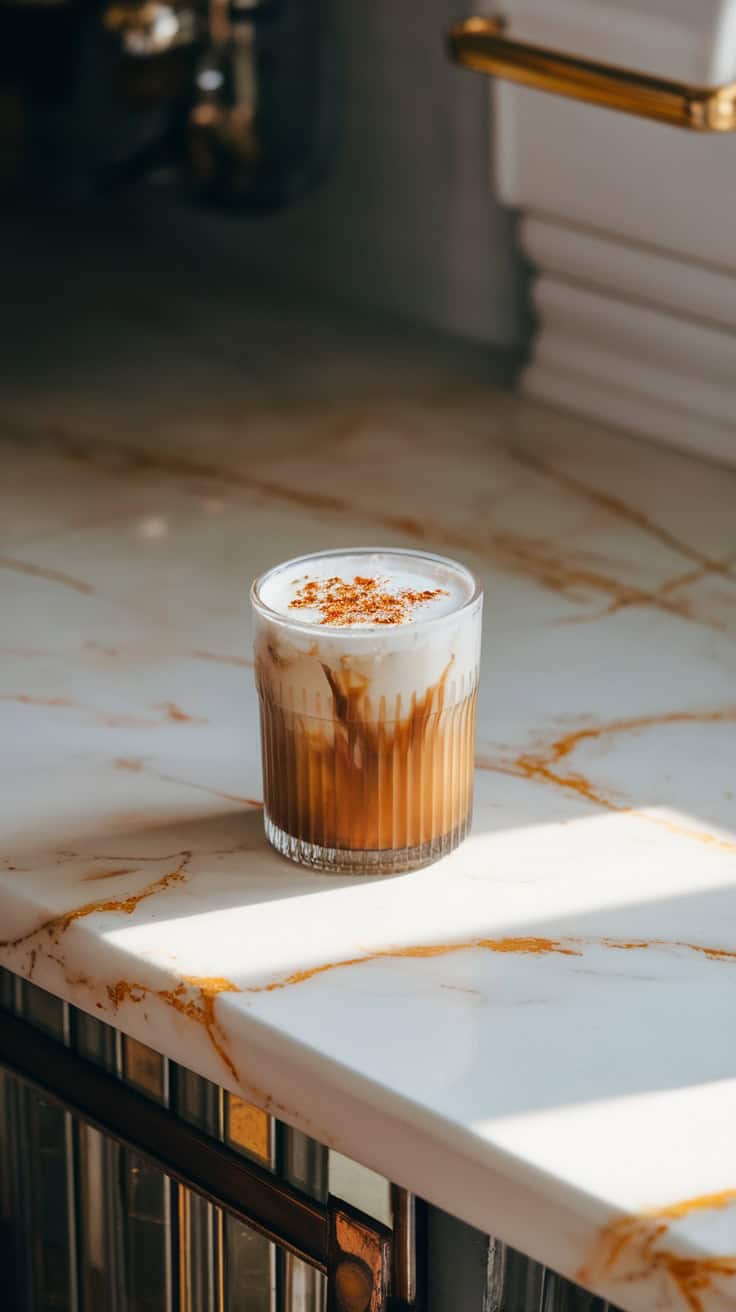 A glass of coconut cream cold brew on a marble countertop