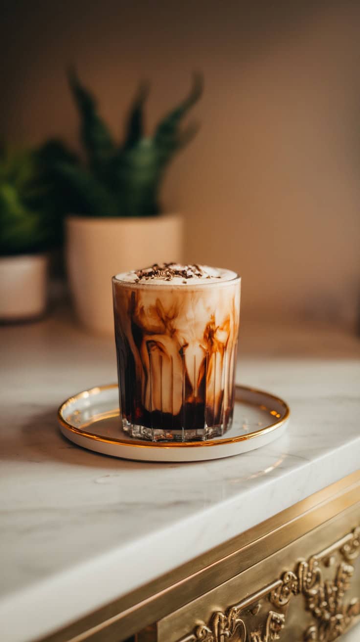 A glass of salted maple cold brew coffee with cream, served on a marble countertop.