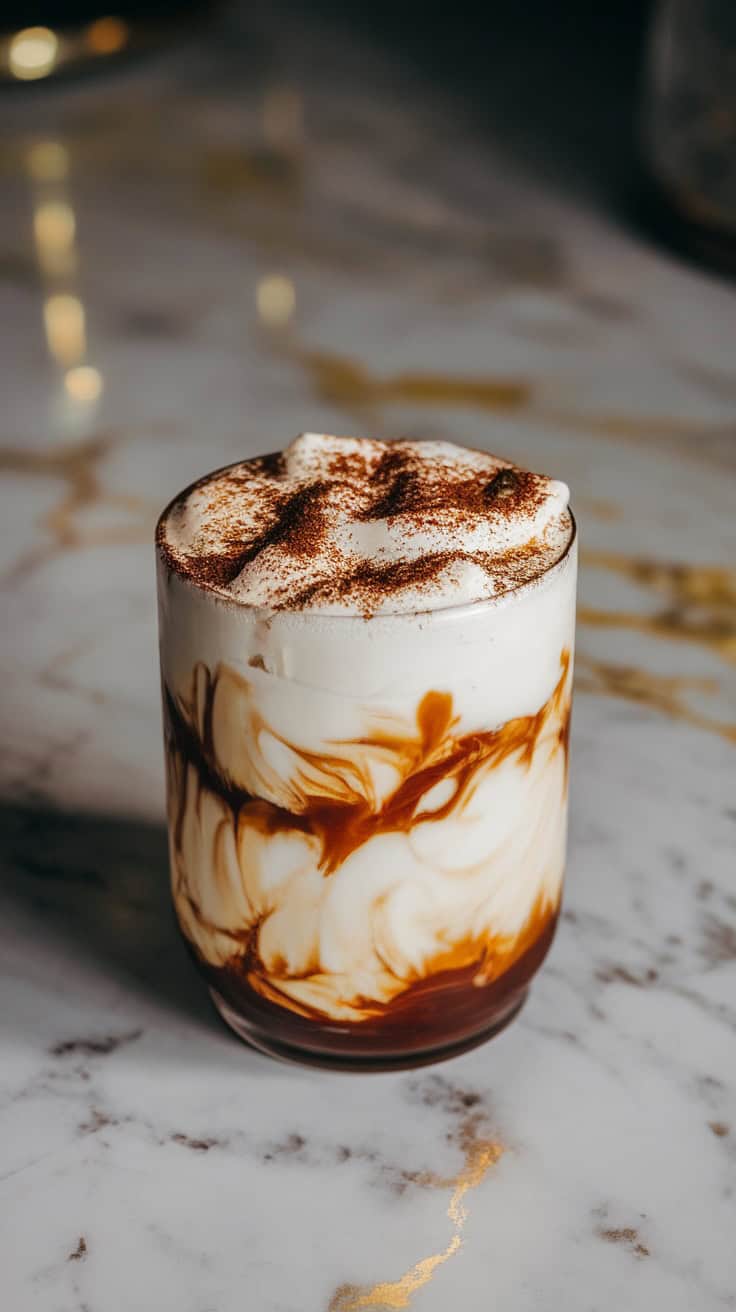 A glass of Tiramisu Cold Brew topped with a dusting of cocoa powder.