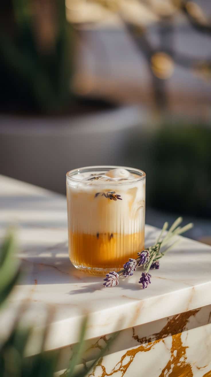 Honey Lavender Cold Brew drink with lavender flowers next to it.