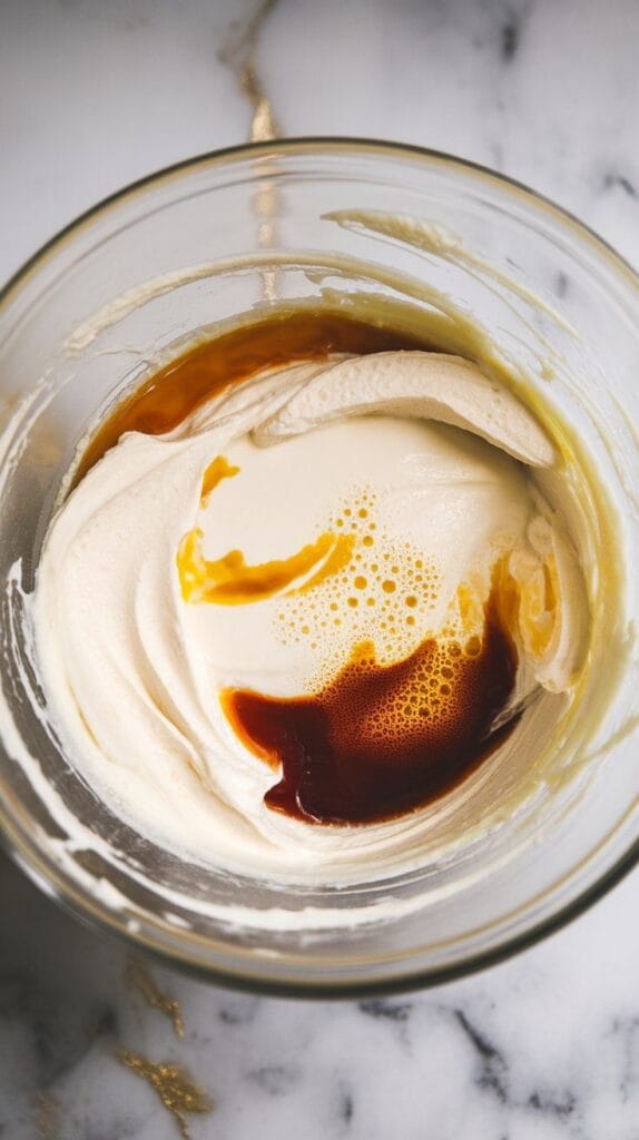 softened cream cheese being blended with sweetened condensed milk, vanilla, and lemon juice into a smooth creamy mixture