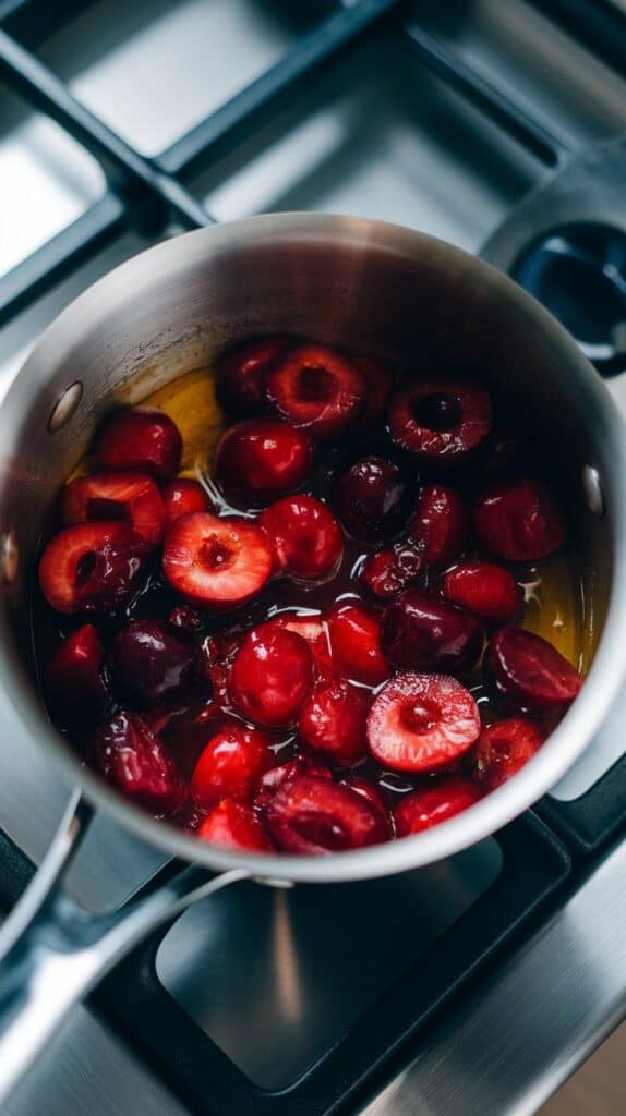 chopped cherries cooking down with sugar and lemon juice in a small saucepan, mixture thickening and turning glossy red