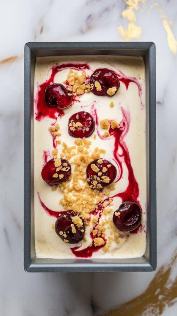 filled loaf pan covered in parchment, placed flat inside a modern stainless steel double freezer drawer, white marble counter with hints of gold in background