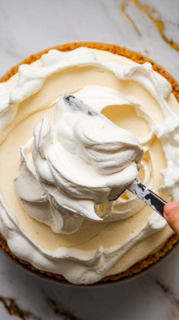 fluffy whipped cream being gently folded into creamy cheesecake base with a spatula, light and airy texture forming