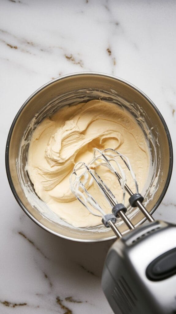 heavy cream being whipped with a hand mixer in a metal bowl, peaks just starting to form, light and fluffy texture