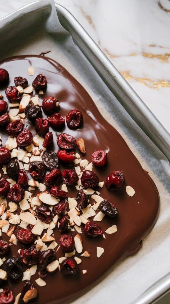 chopped dried cherries and chopped almonds being sprinkled over melted chocolate bark, toppings evenly distributed and sticking slightly