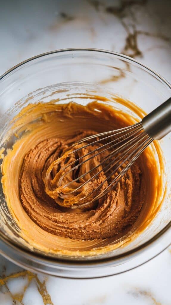 melted butter being whisked with packed brown sugar in a large glass bowl, mixture turning golden and glossy, whisk resting in bowl, 