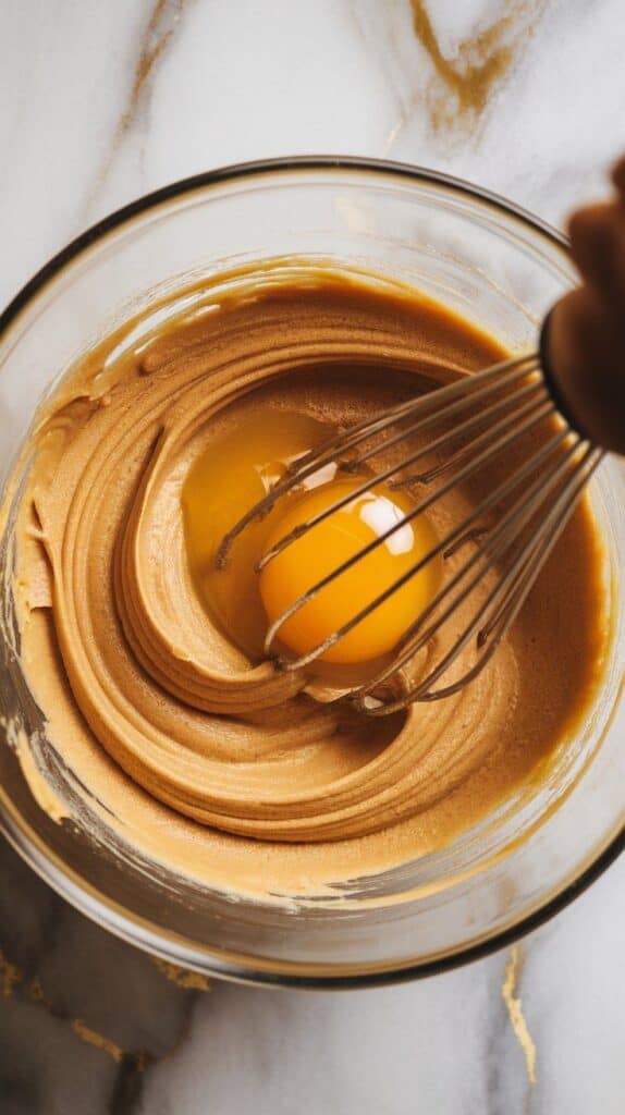 one egg and vanilla extract being whisked into the butter-sugar mixture, thick smooth batter forming, rich golden color,