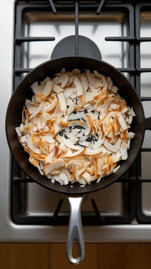 shredded coconut toasting in a dry skillet, turning golden brown, lightly crisped, on a modern stainless steel gas stove