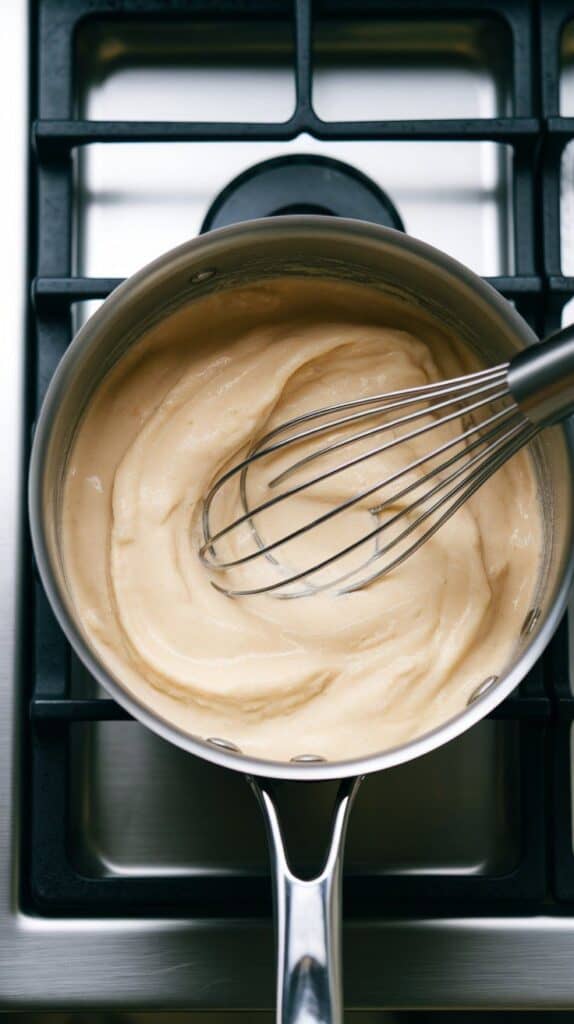 thickened coconut pudding bubbling gently in the saucepan, smooth and creamy texture, whisk resting in pan