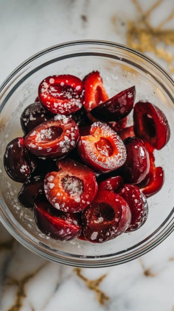 halved fresh cherries coated with granulated sugar, cornstarch, lemon juice, and vanilla in a mixing bowl, glossy and juicy texture forming