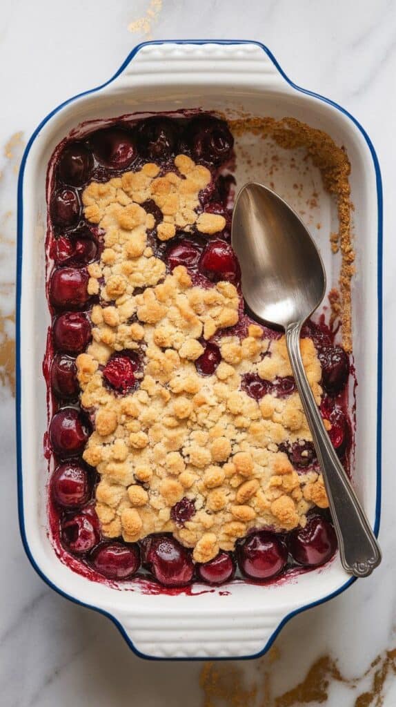 baked cherry cornmeal crisp cooling in a round baking dish, golden topping with visible cherry juices bubbling around edges, spoon resting in dish