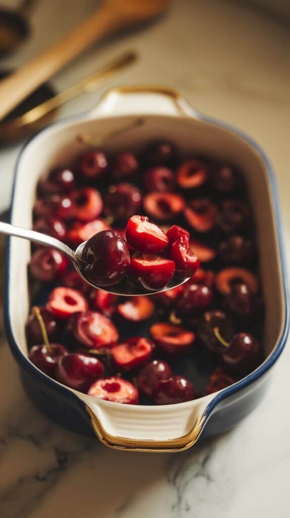 cherry filling being spooned into a ceramic baking dish, juicy pieces glistening and evenly spread out