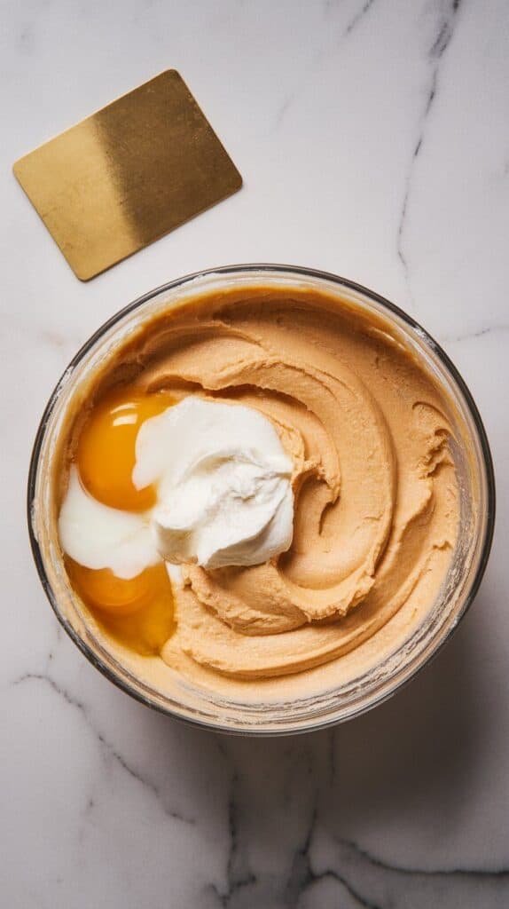 eggs, sour cream, and vanilla being added to the creamed butter mixture, batter becoming silky and smooth, on white marble counters with hints of gold