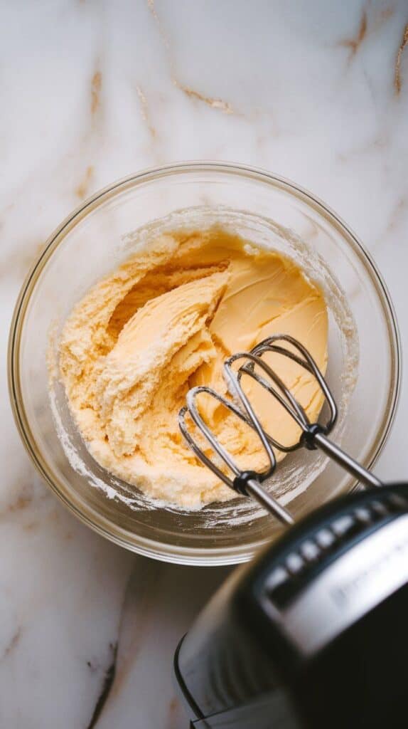 softened butter and granulated sugar being creamed with a hand mixer in a glass bowl, pale and fluffy texture forming